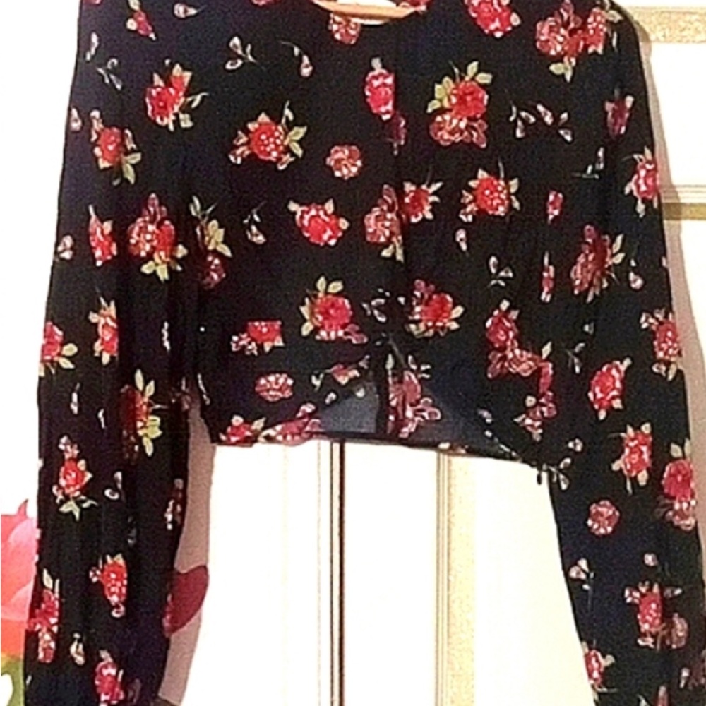 ZARA🐞Crop Black Boho Red Floral Puff Sleeves Blouse with Twisted Front sz: M